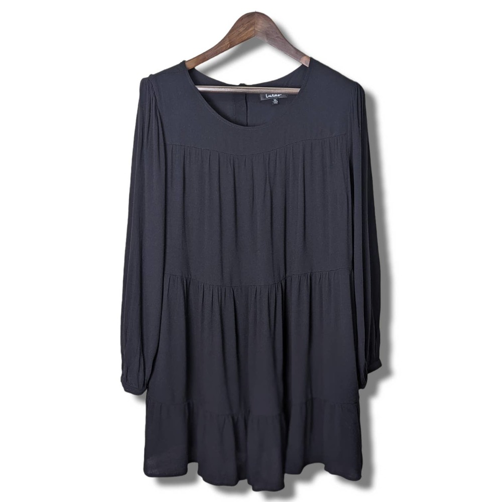 Lulus Women's Baby Doll Dress Tiered Long Sleeves Black Relaxed Size XL